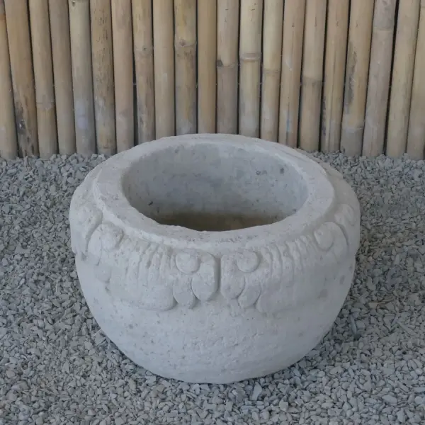 Product image 6 of the product “Balinese style flat round pot, with carving - 60 cm Dia., 35cm Height, Taro sand ”